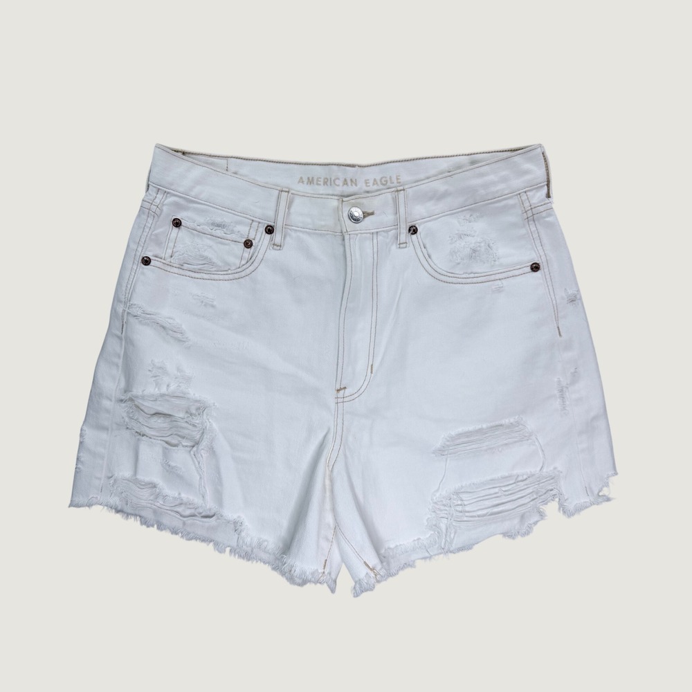 American‎ Eagle Denim Shorts Women 12 White Good Distressed High Waisted Raw Hem